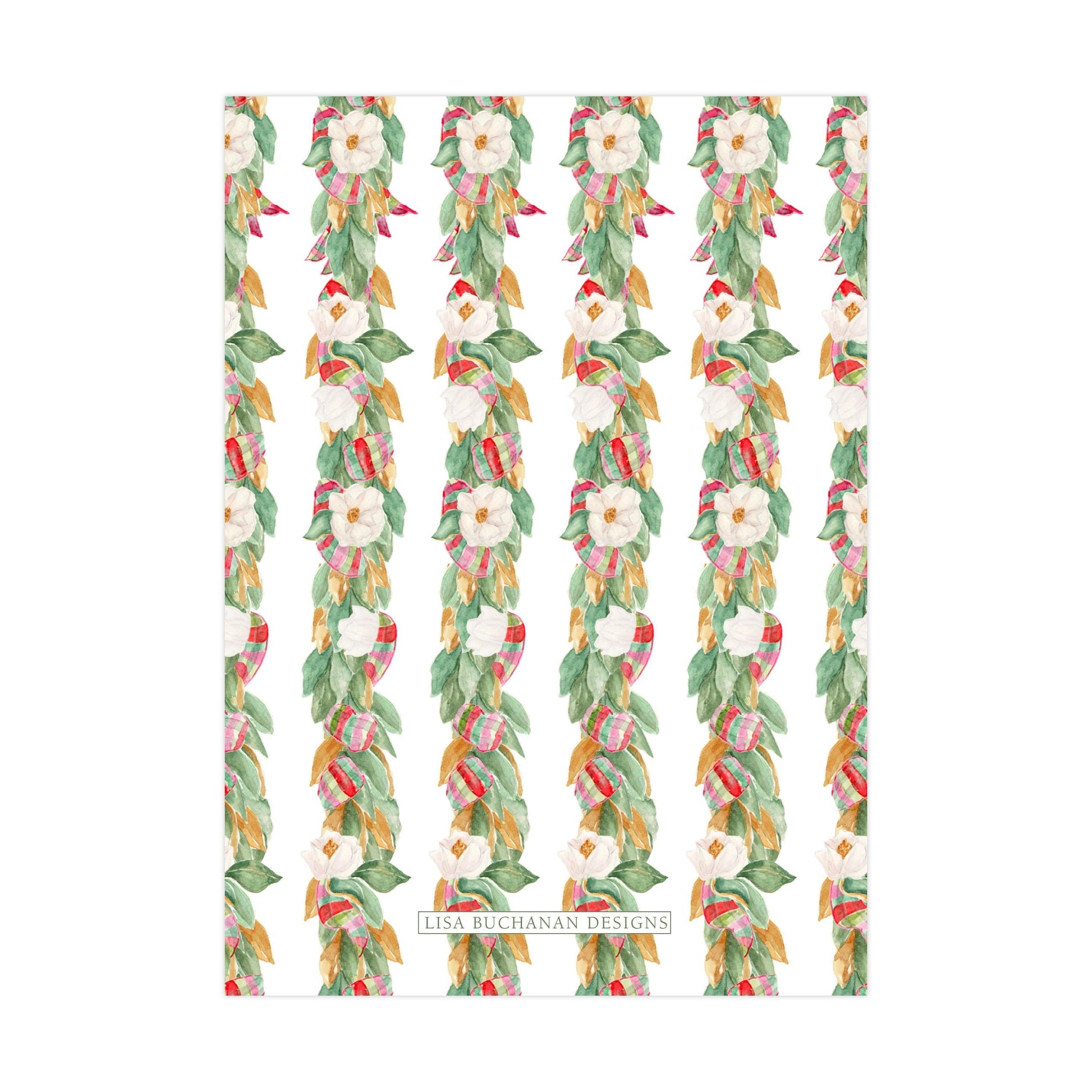 a repeating pattern of white flowers and green leaves on a white background.