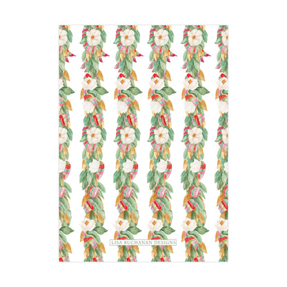a repeating pattern of white flowers and green leaves on a white background.