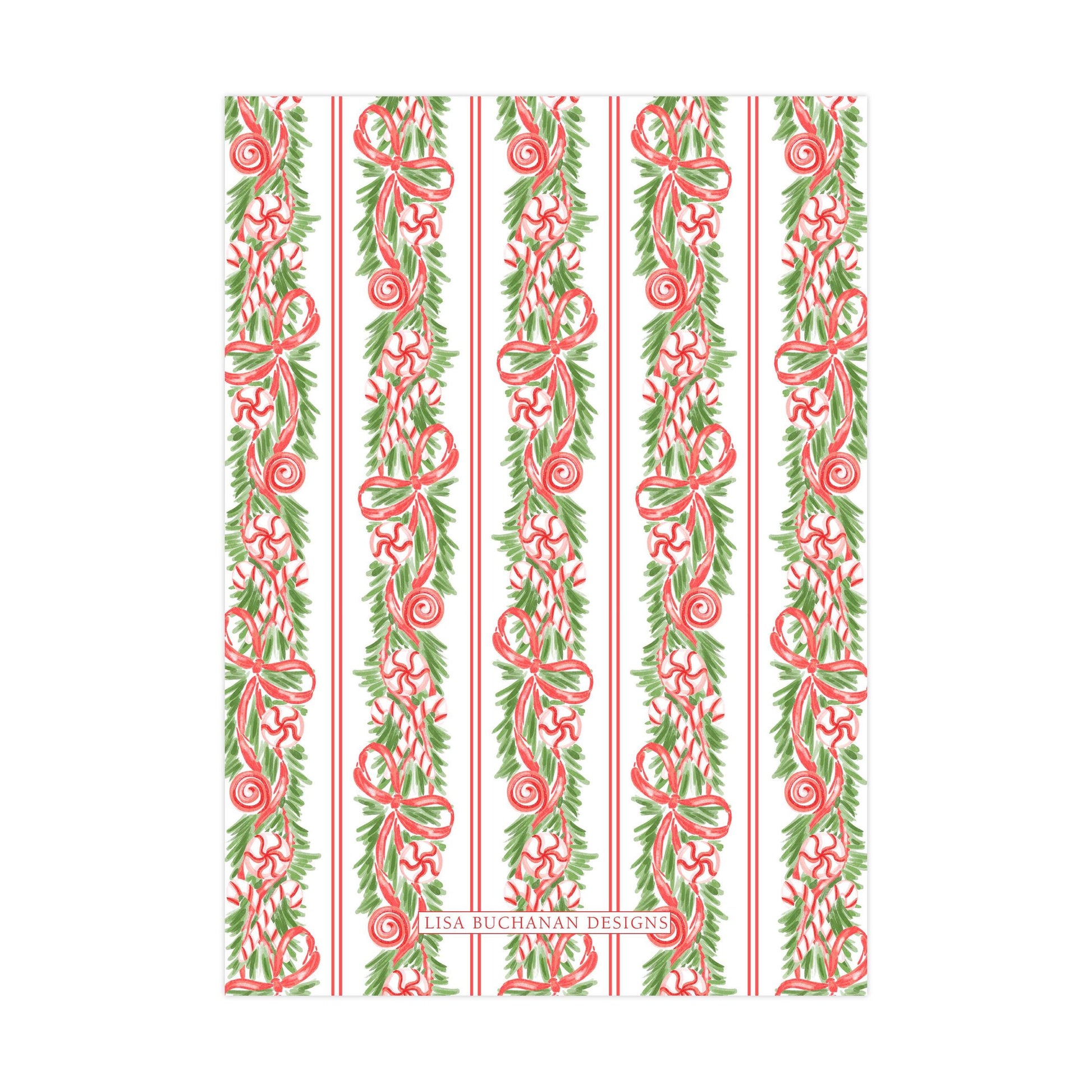a repeating pattern of red and green stripes with a floral design, creating a festive and decorative appearance.