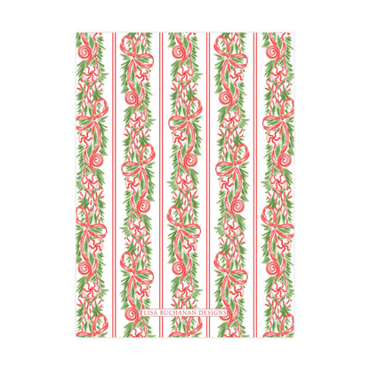 a repeating pattern of red and green stripes with a floral design, creating a festive and decorative appearance.