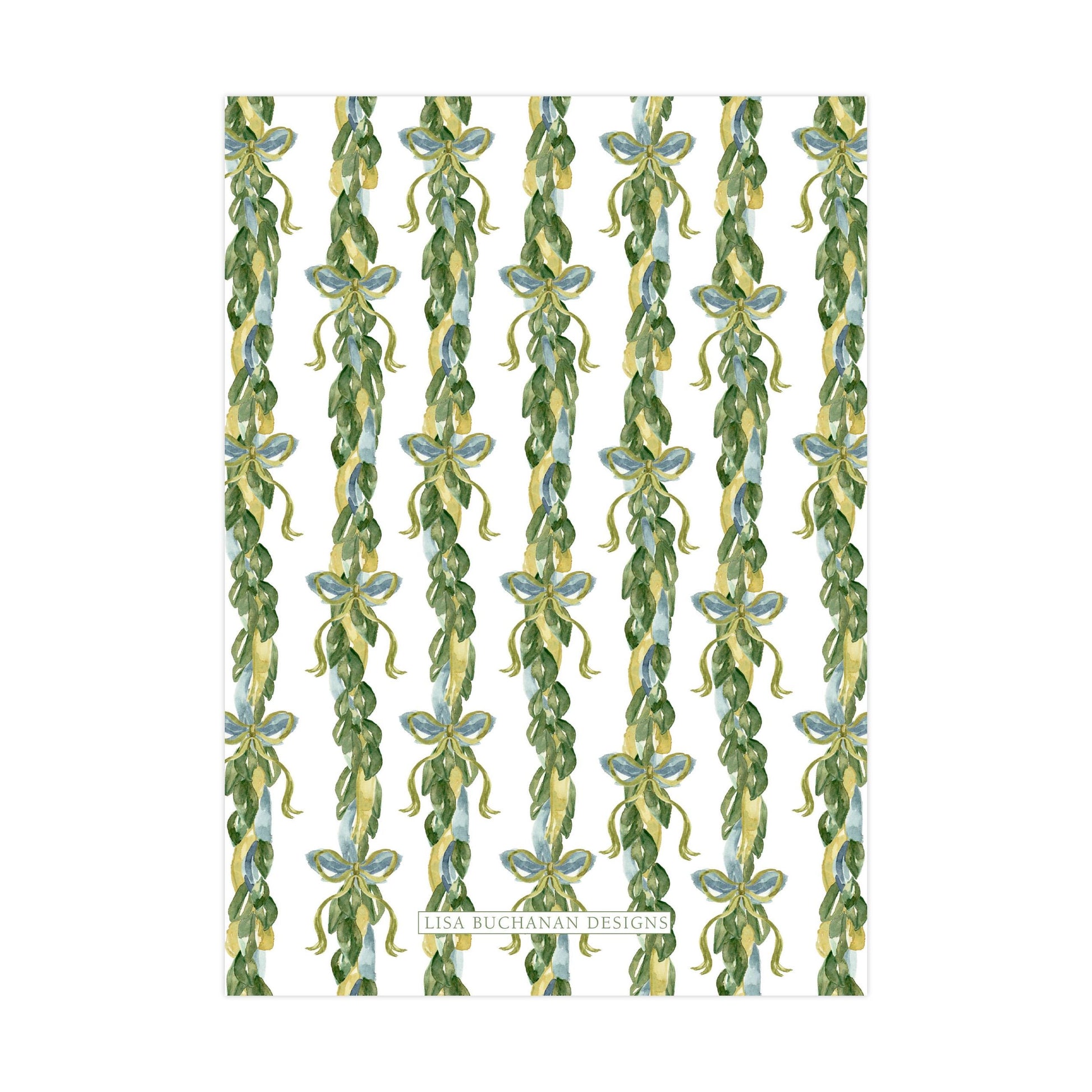 a repeating pattern of green leaves and yellow ribbons arranged in a vertical line.