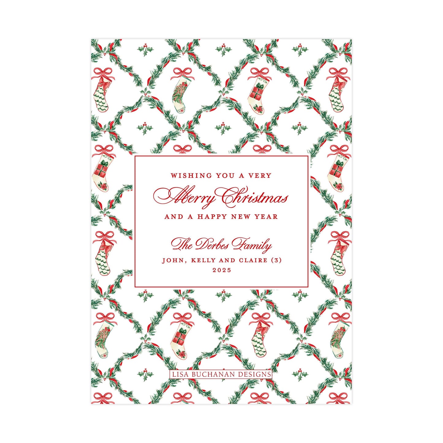 The image is a Christmas card with a festive pattern of red and green ribbons, stockings, and holly leaves. The card has a message wishing someone a very Merry Christmas and a happy new year, along with the names of the family members, John, Kelly, and Claire.