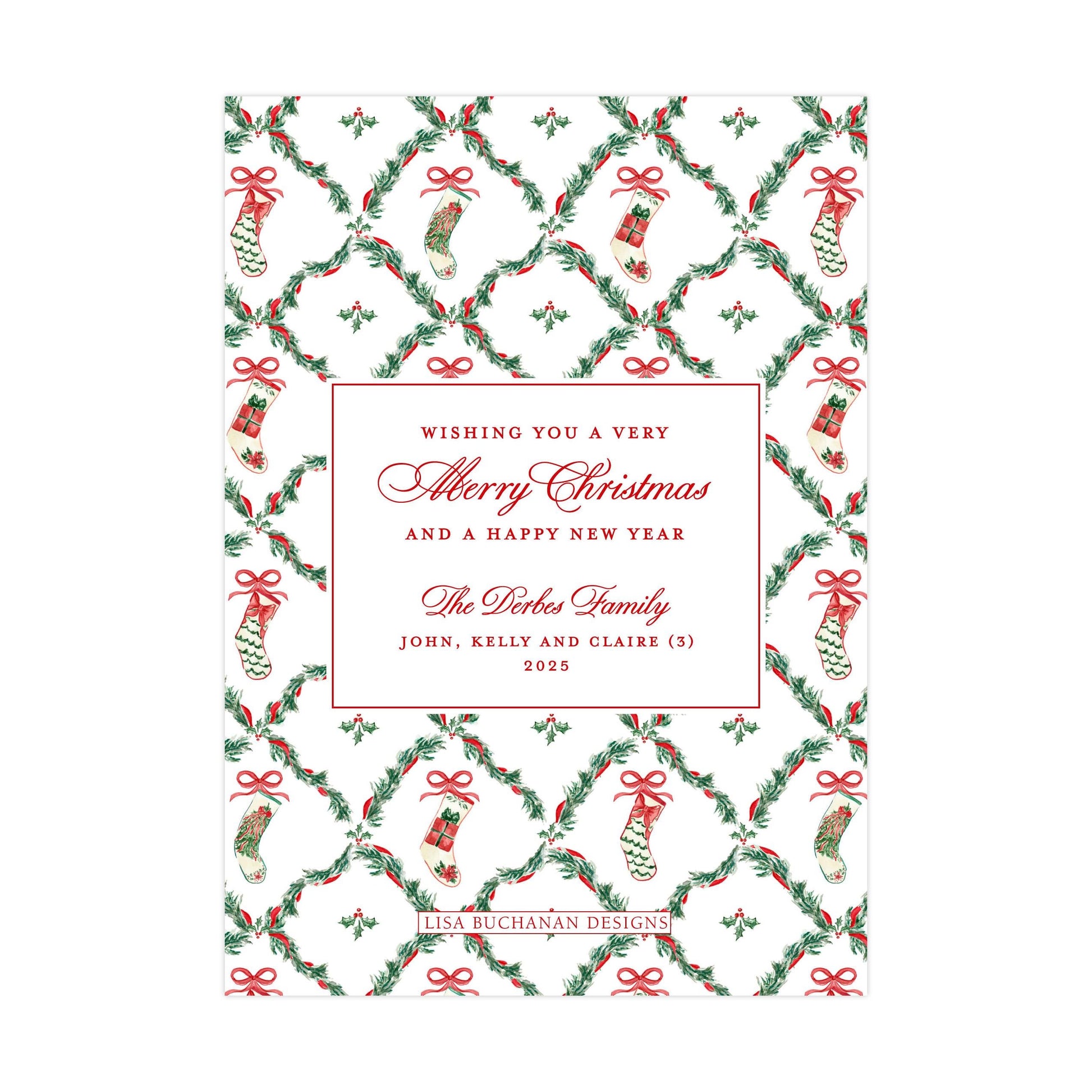 The image is a Christmas card with a festive pattern of red and green ribbons, stockings, and holly leaves. The card has a message wishing someone a very Merry Christmas and a happy new year, along with the names of the family members, John, Kelly, and Claire.