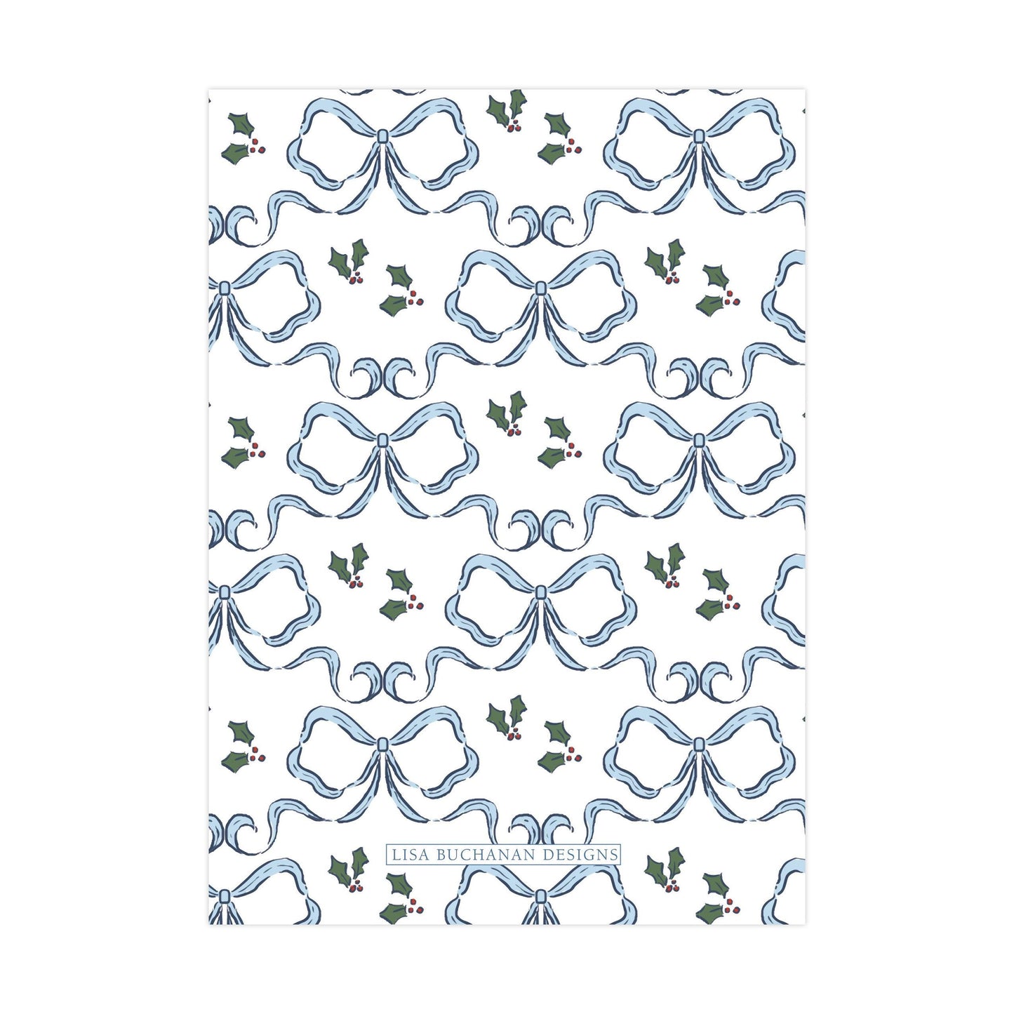 a repeating pattern of blue bows and holly leaves on a white background.