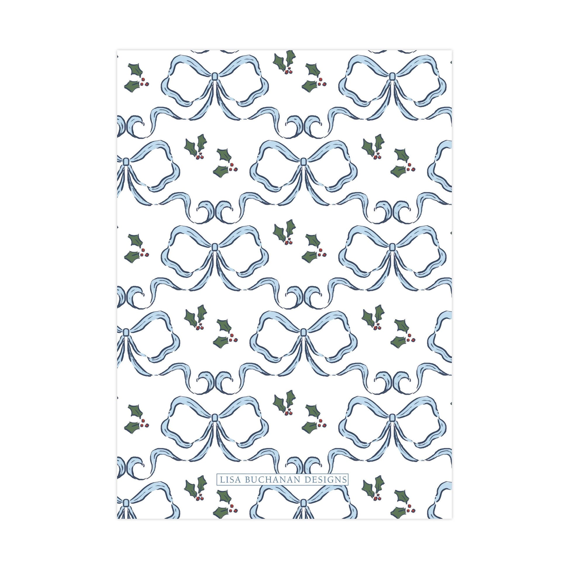 a repeating pattern of blue bows and holly leaves on a white background.