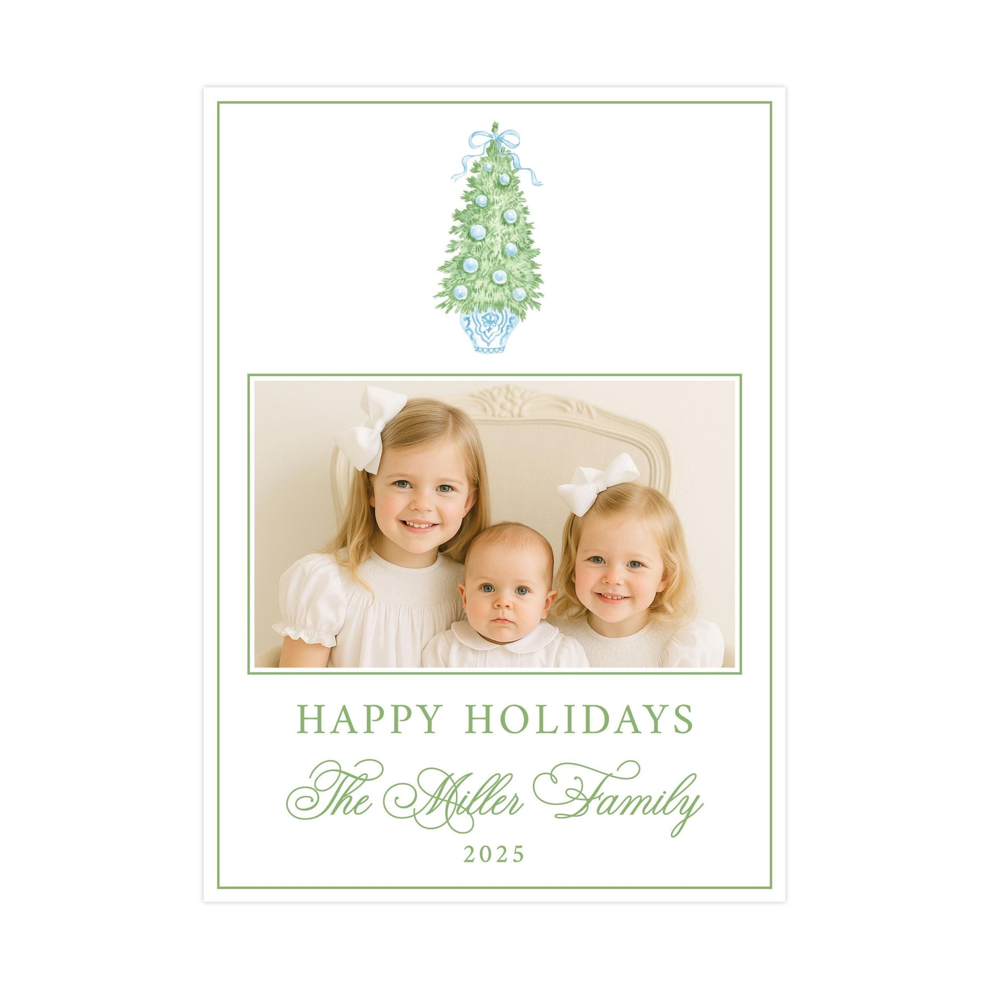 A family portrait of three young girls, likely sisters, with a Christmas tree in the background. The text below the image reads &quot;Happy Holidays The Miller Family 2020&quot;.