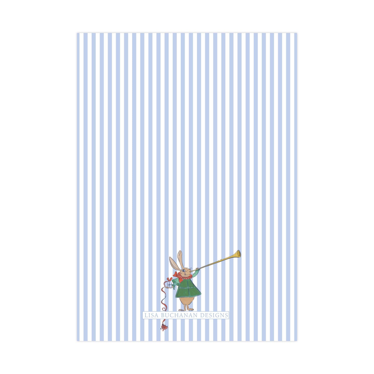 a cartoon rabbit holding a trumpet, with the text "LISA BUCKMAN DESIGNS" below the rabbit.