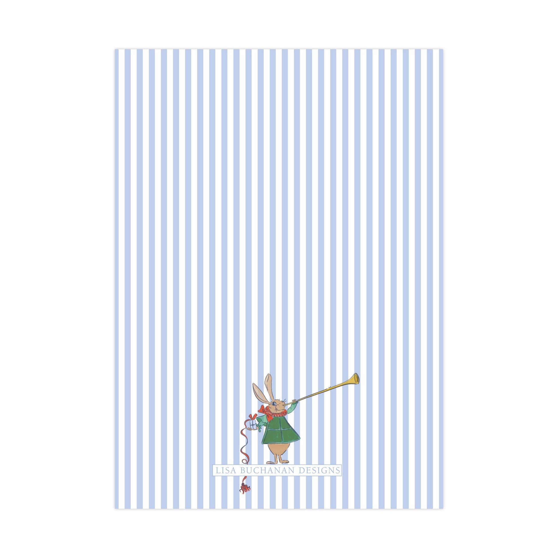 a cartoon rabbit holding a trumpet, with the text "LISA BUCKMAN DESIGNS" below the rabbit.