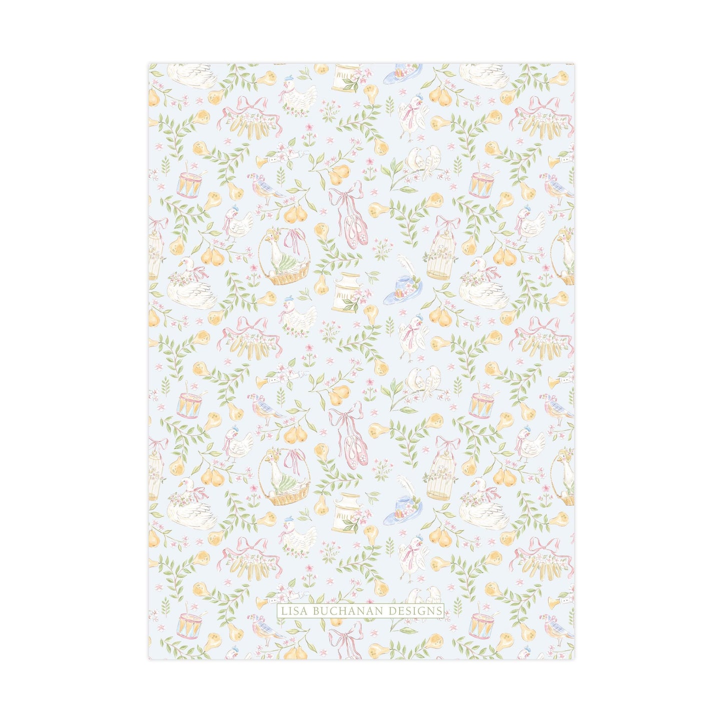 The image is a light blue background with a repeating pattern of various objects, including birds, flowers, and other decorative elements.