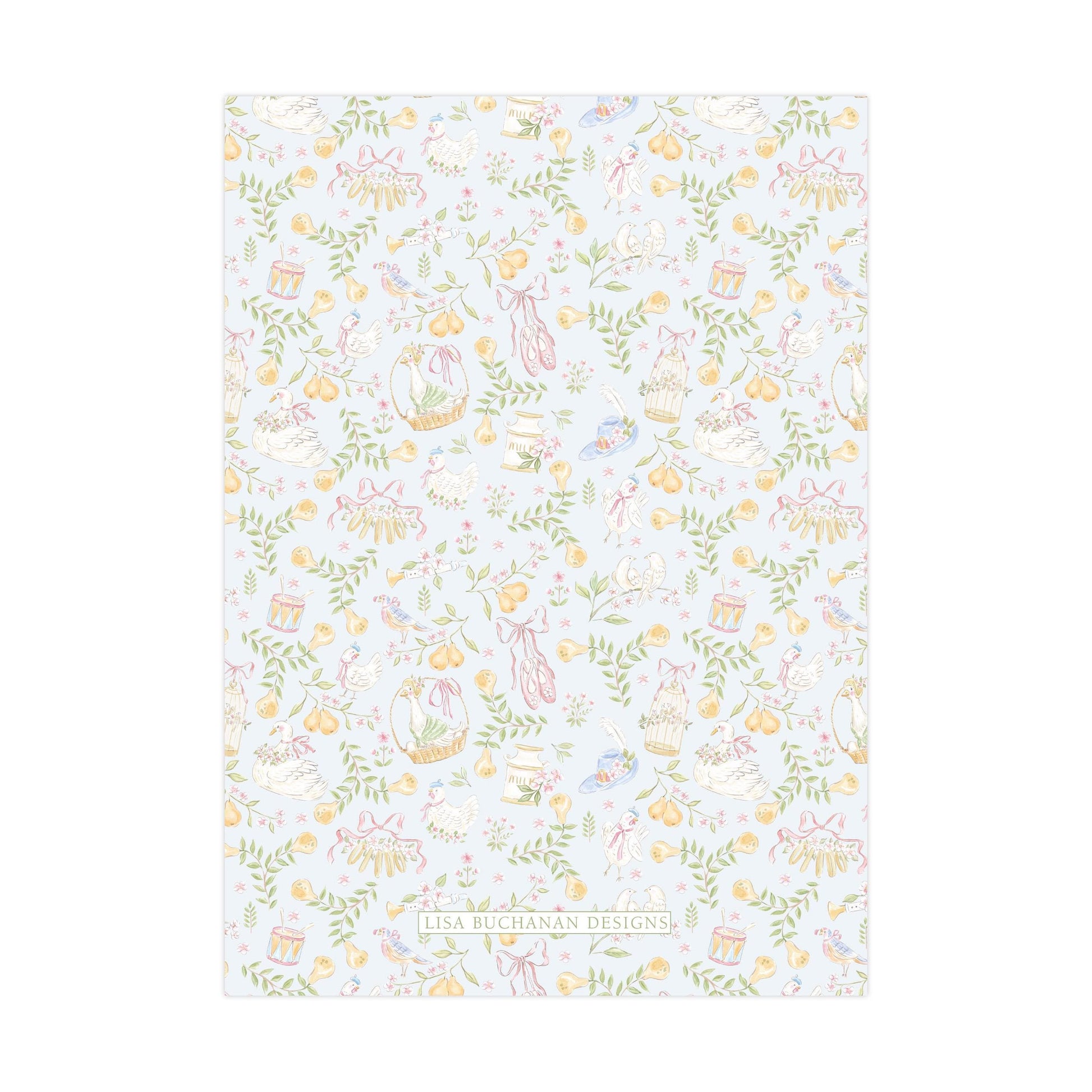 The image is a light blue background with a repeating pattern of various objects, including birds, flowers, and other decorative elements.