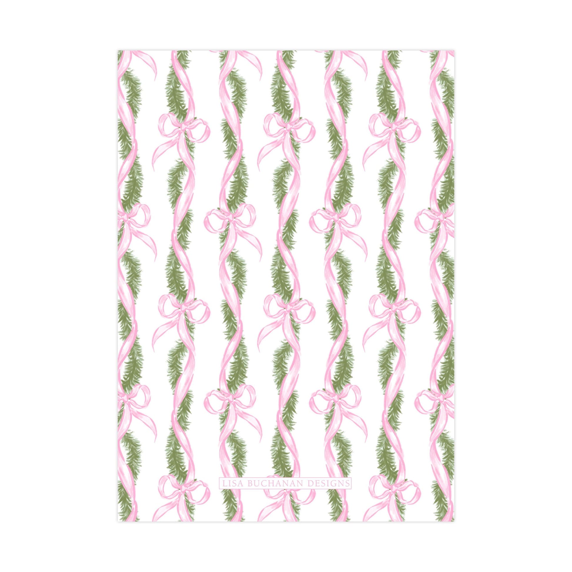 a repeating pattern of pink and green ribbons and pine branches, creating a festive and decorative design.