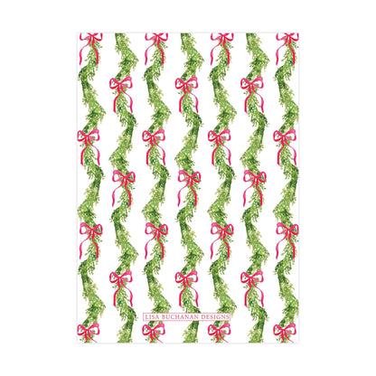 a repeating pattern of green Christmas wreaths adorned with red bows, creating a festive and holiday-themed design.