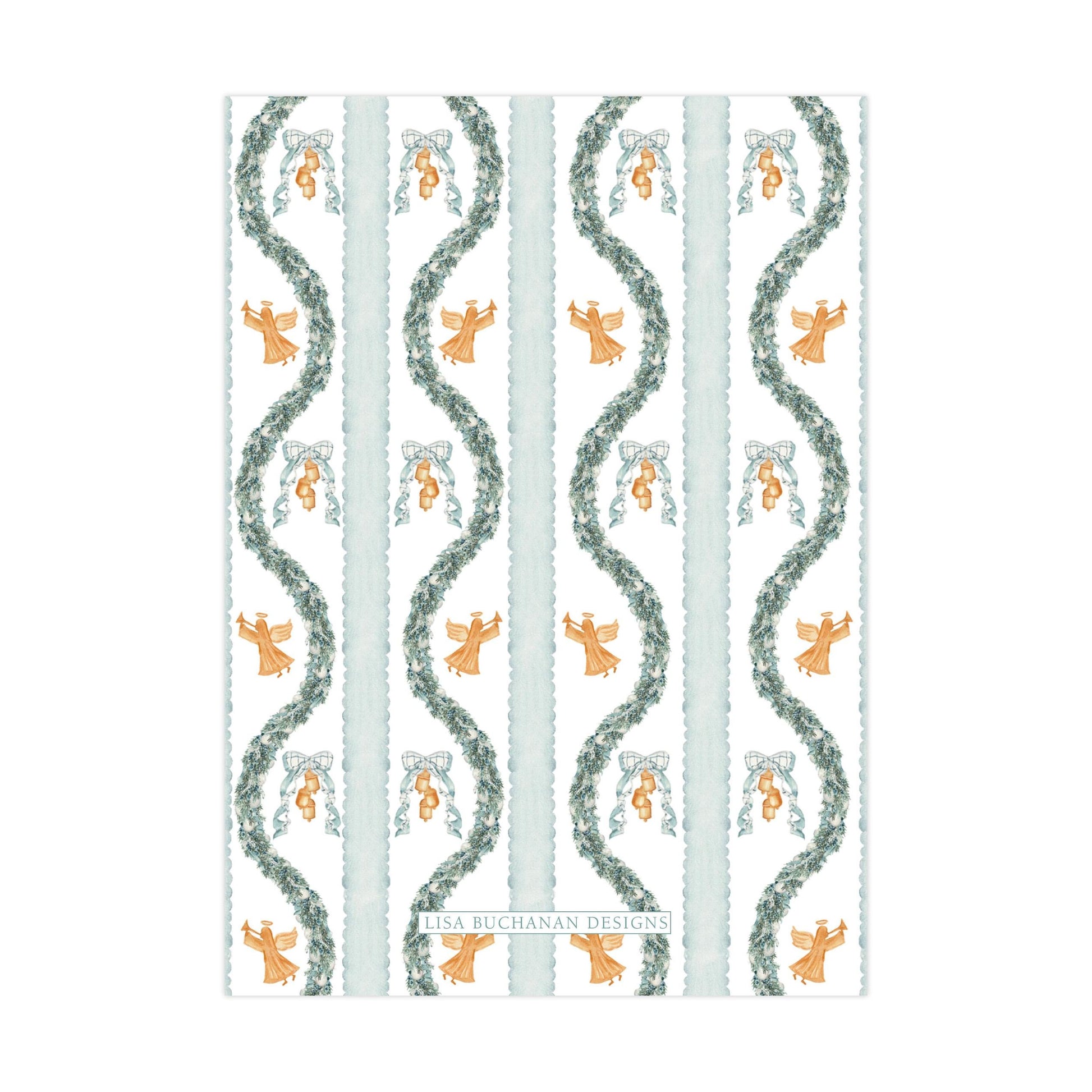 a repeating pattern of green and white stripes with orange angels and bells.