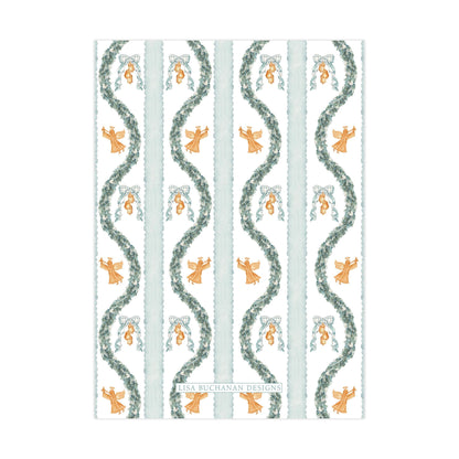 a repeating pattern of green and white stripes with orange angels and bells.