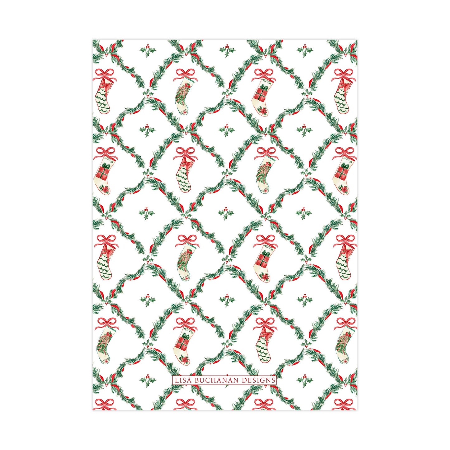 a repeating pattern of Christmas stockings and holly leaves on a white background.