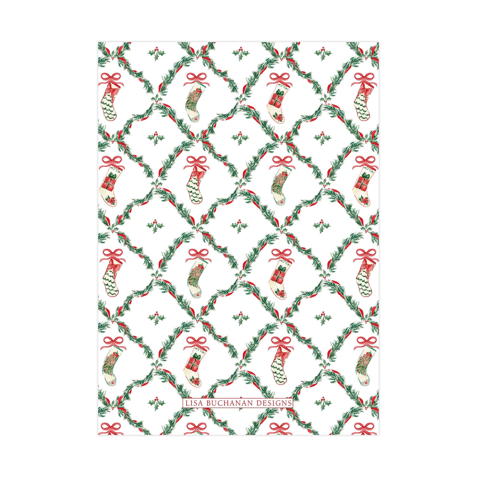a repeating pattern of Christmas stockings and holly leaves on a white background.
