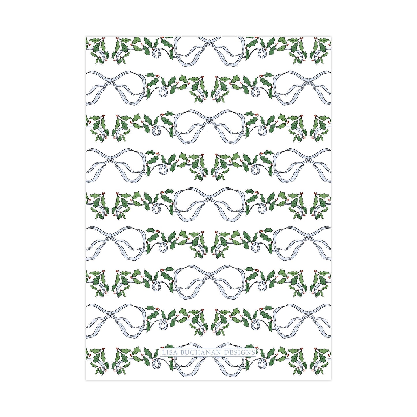 a repeating pattern of white bows and holly leaves on a white background.