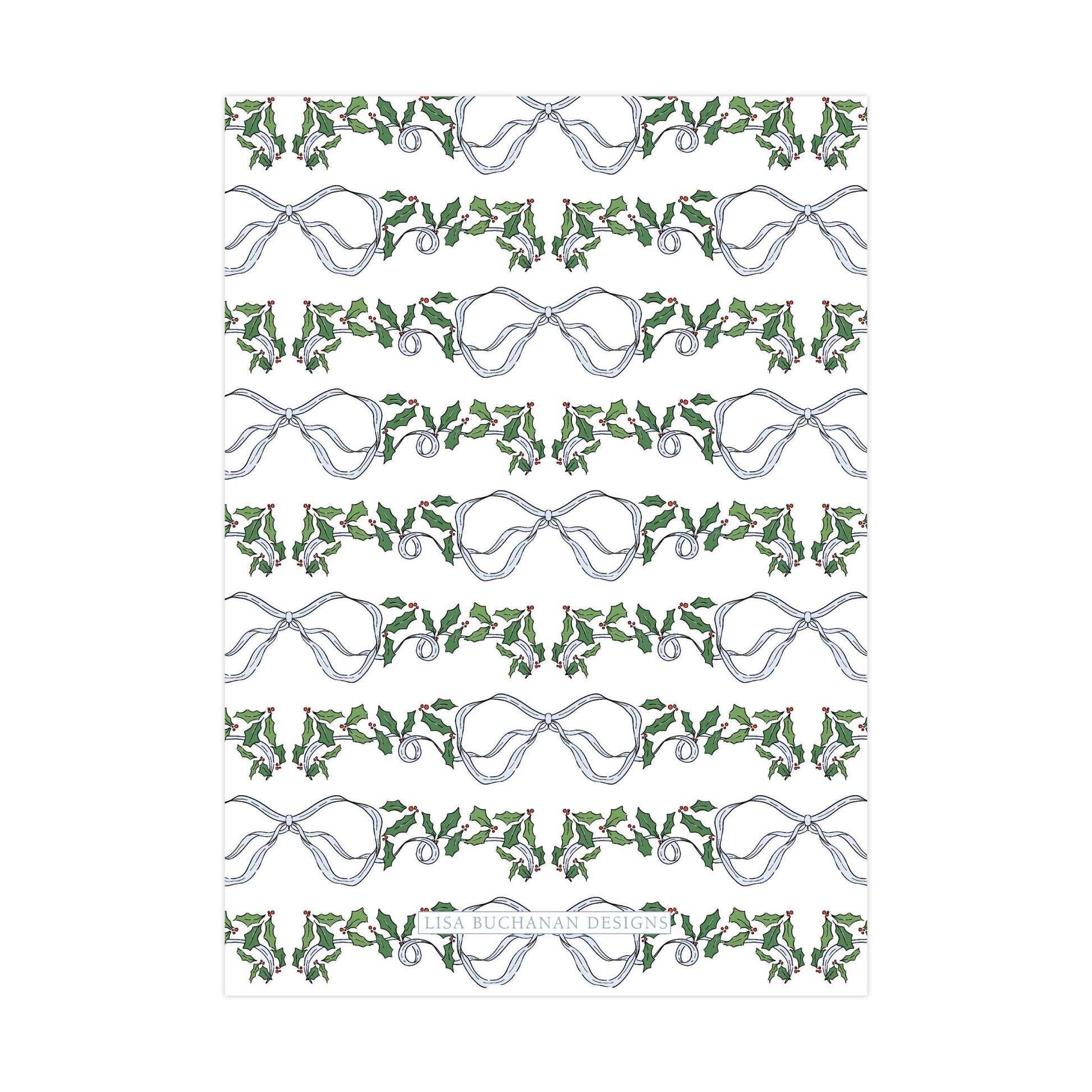 a repeating pattern of white bows and holly leaves on a white background.
