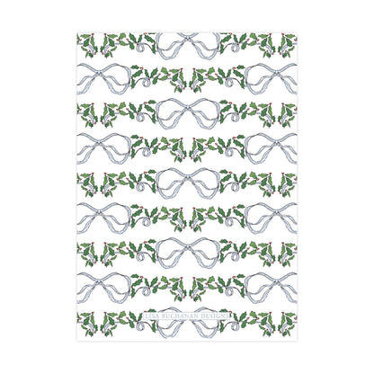 a repeating pattern of white bows and holly leaves on a white background.