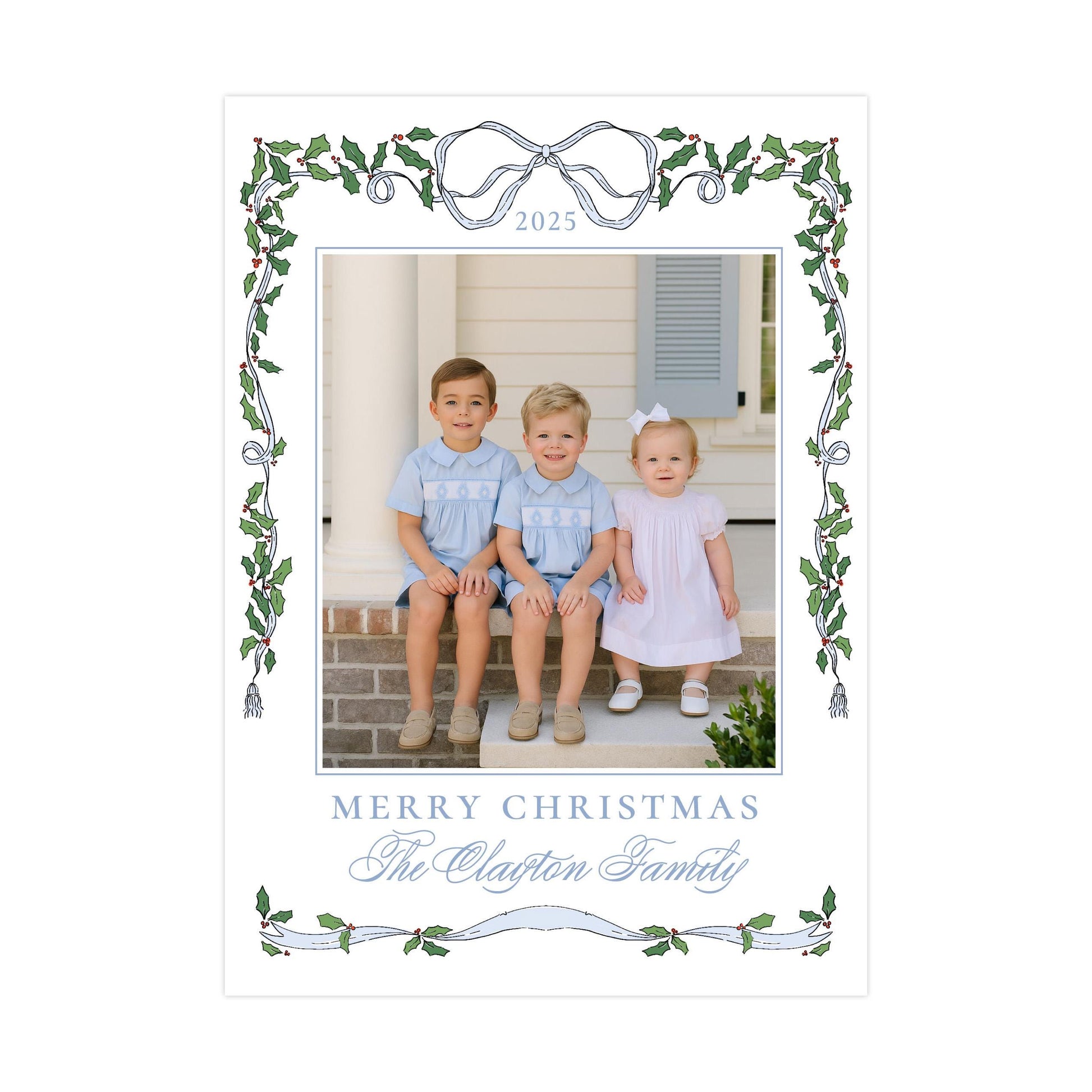 A family portrait of three children sitting on a porch, with a decorative border and text at the bottom.