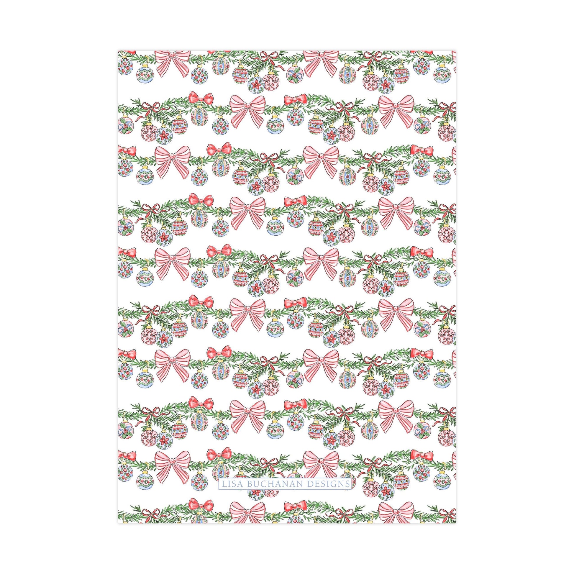 a repeating pattern of Christmas ornaments and bows on a white background.