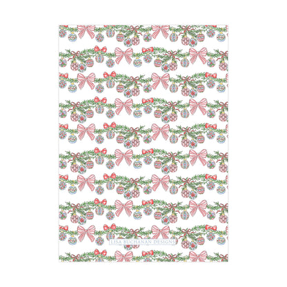 a repeating pattern of Christmas ornaments and bows on a white background.