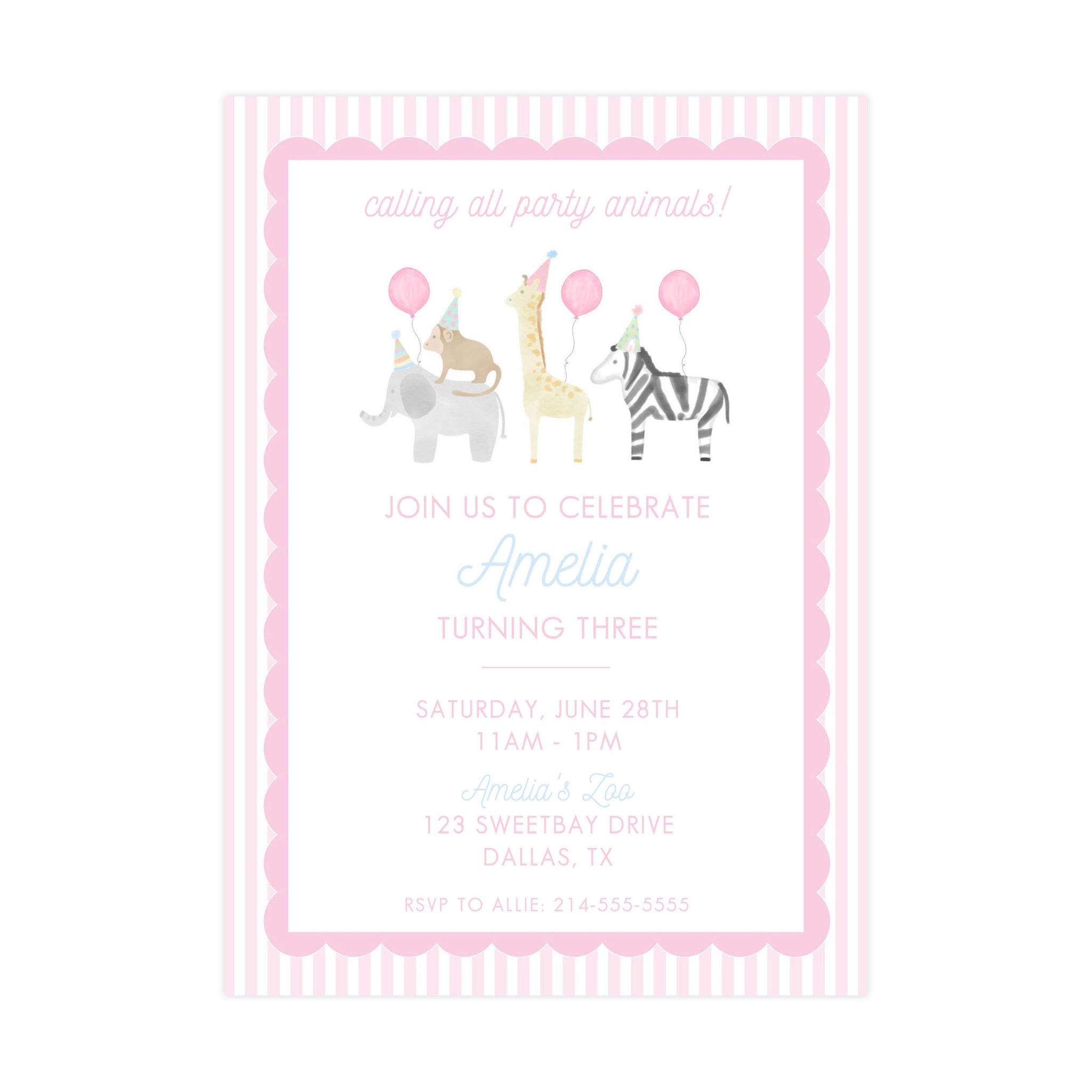 PINK STRIPES PARTY ANIMALS | INVITATIONS