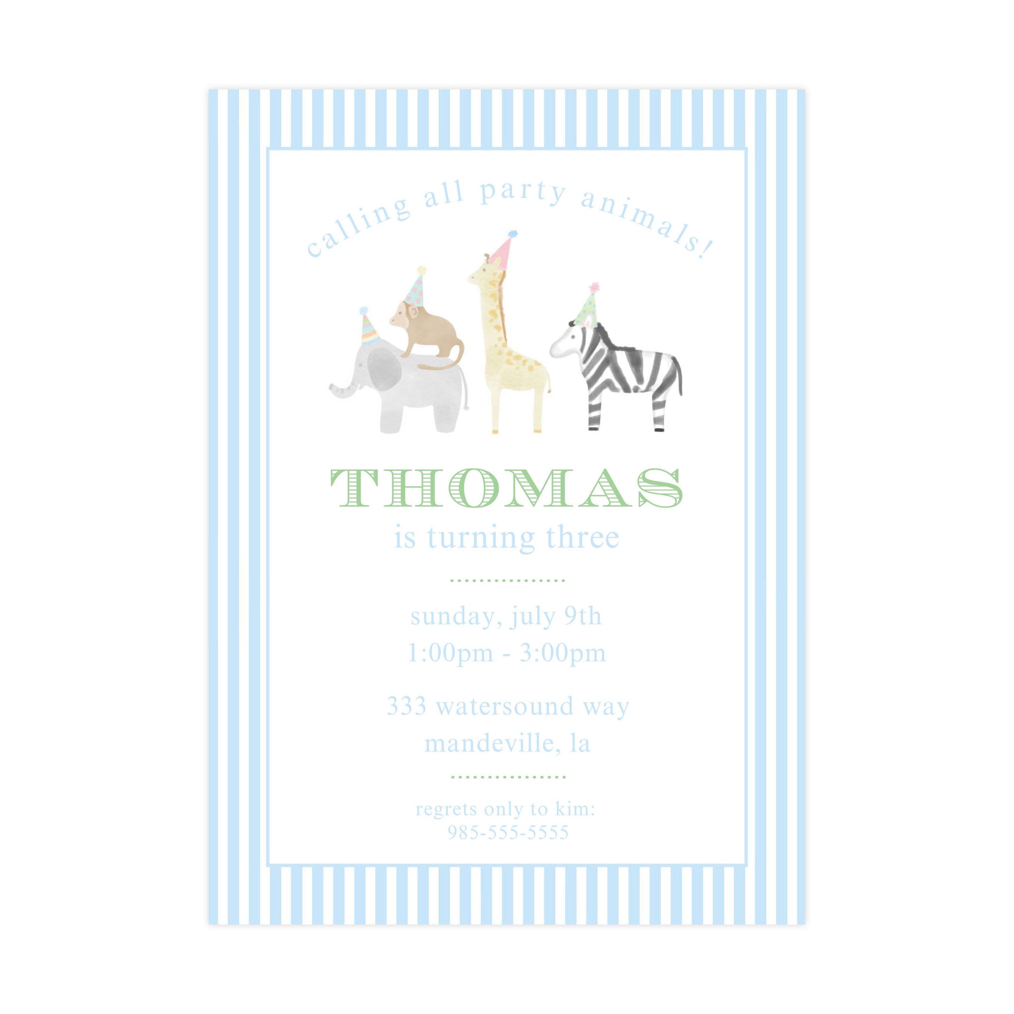 BLUE STRIPES PARTY ANIMALS | INVITATIONS