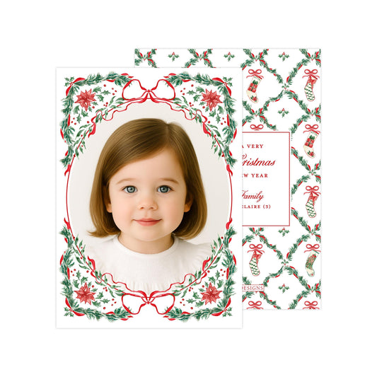 A young girl with brown hair is smiling at the camera, framed by a decorative border with a festive Christmas-themed design.