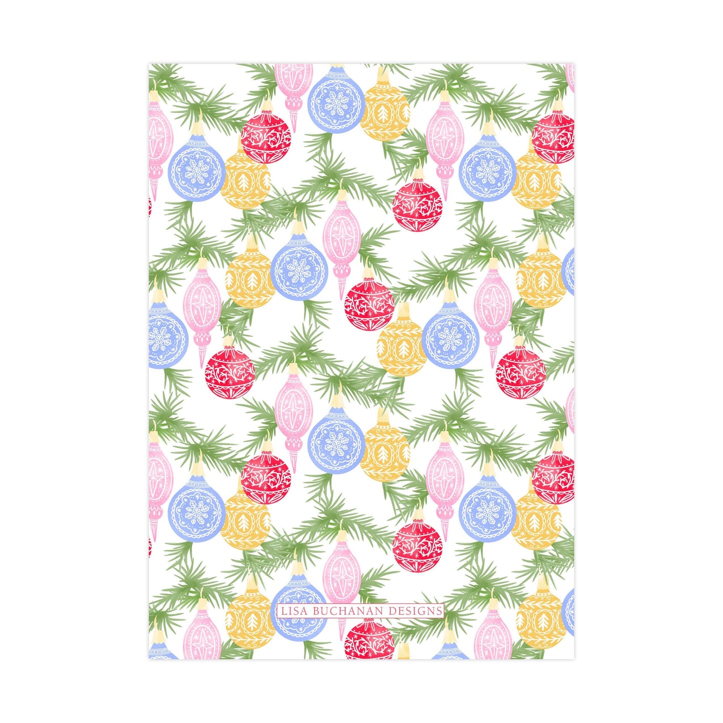a repeating pattern of colorful Christmas ornaments on a white background, with green pine branches interspersed throughout.