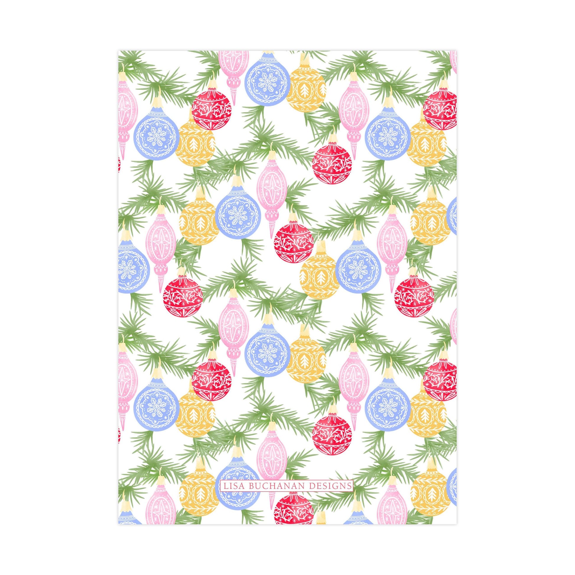 a repeating pattern of colorful Christmas ornaments on a white background, with green pine branches interspersed throughout.
