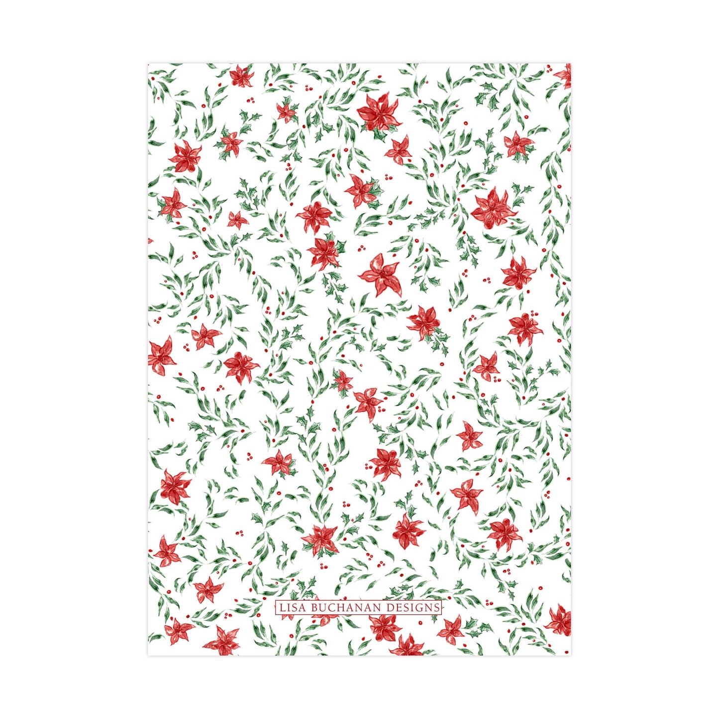 a repeating pattern of red poinsettia flowers and green leaves on a white background.