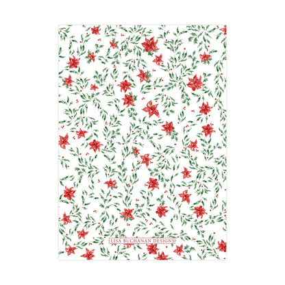a repeating pattern of red poinsettia flowers and green leaves on a white background.