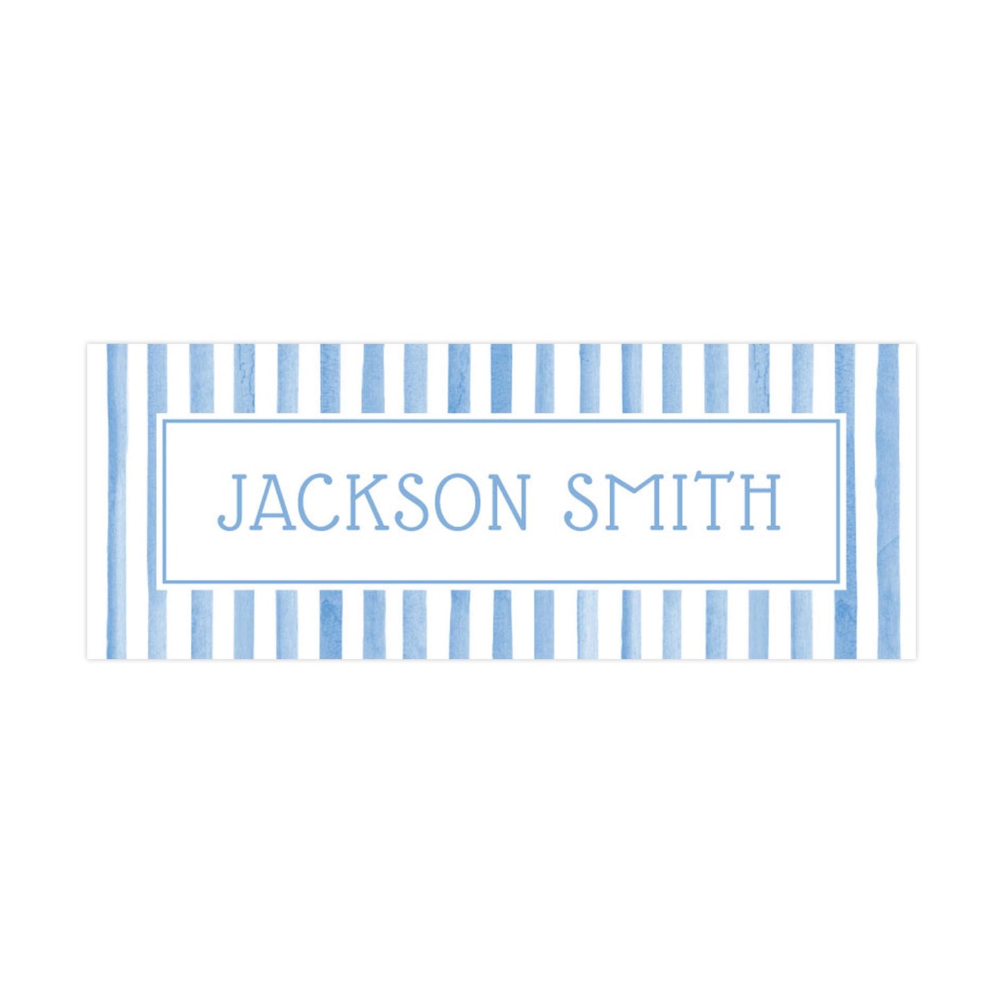A rectangular sign with the name &quot;JACKSON SMITH&quot; written in a blue and white striped pattern.