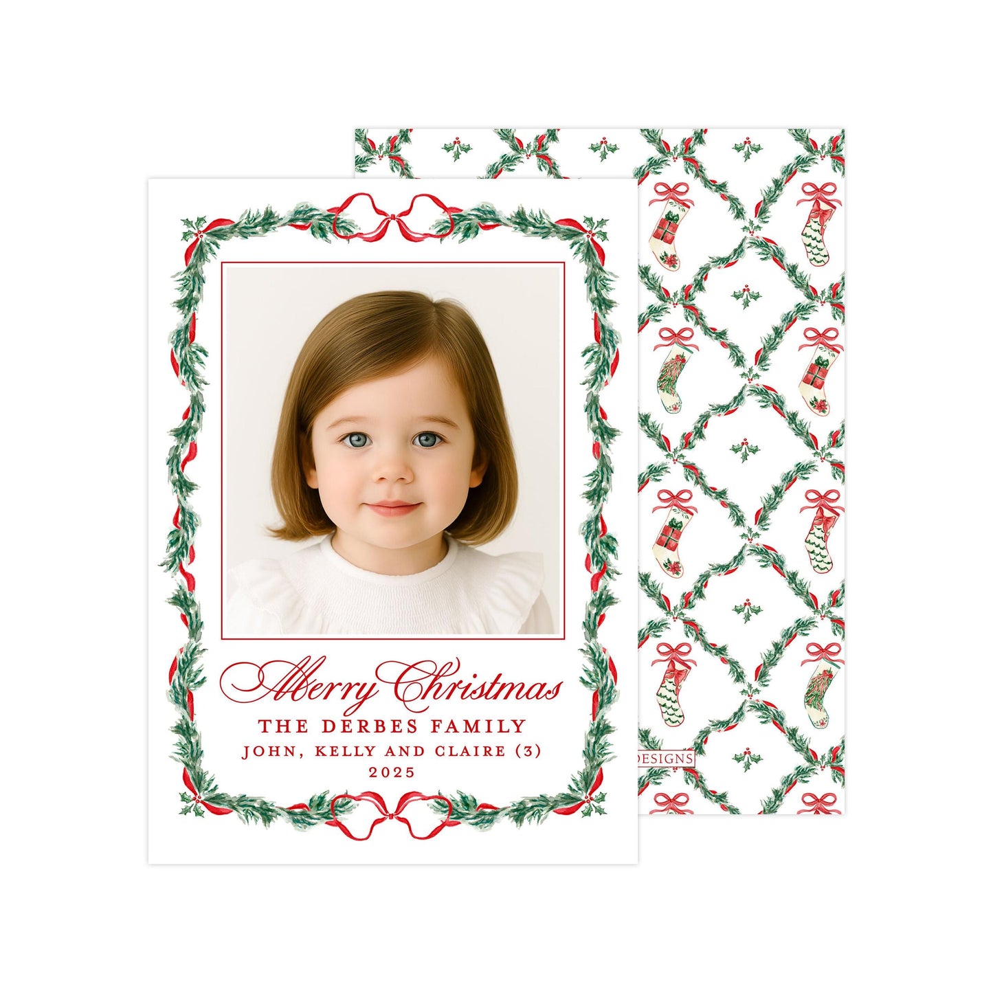 A Christmas card featuring a young girl's portrait in the center, surrounded by a festive wreath design. The card has a personalized message and a patterned background with Christmas-themed elements.