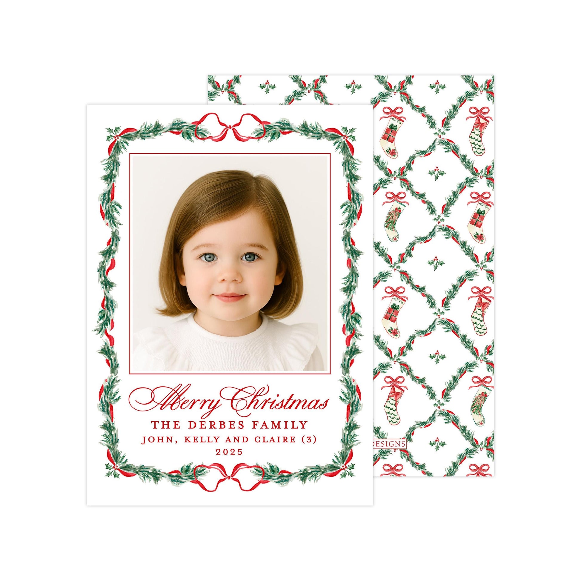 A Christmas card featuring a young girl's portrait in the center, surrounded by a festive wreath design. The card has a personalized message and a patterned background with Christmas-themed elements.