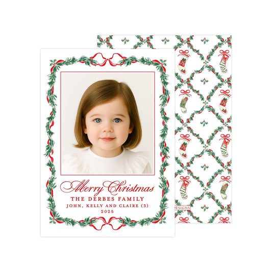 A Christmas card featuring a young girl's portrait in the center, surrounded by a festive wreath design. The card has a personalized message and a patterned background with Christmas-themed elements.