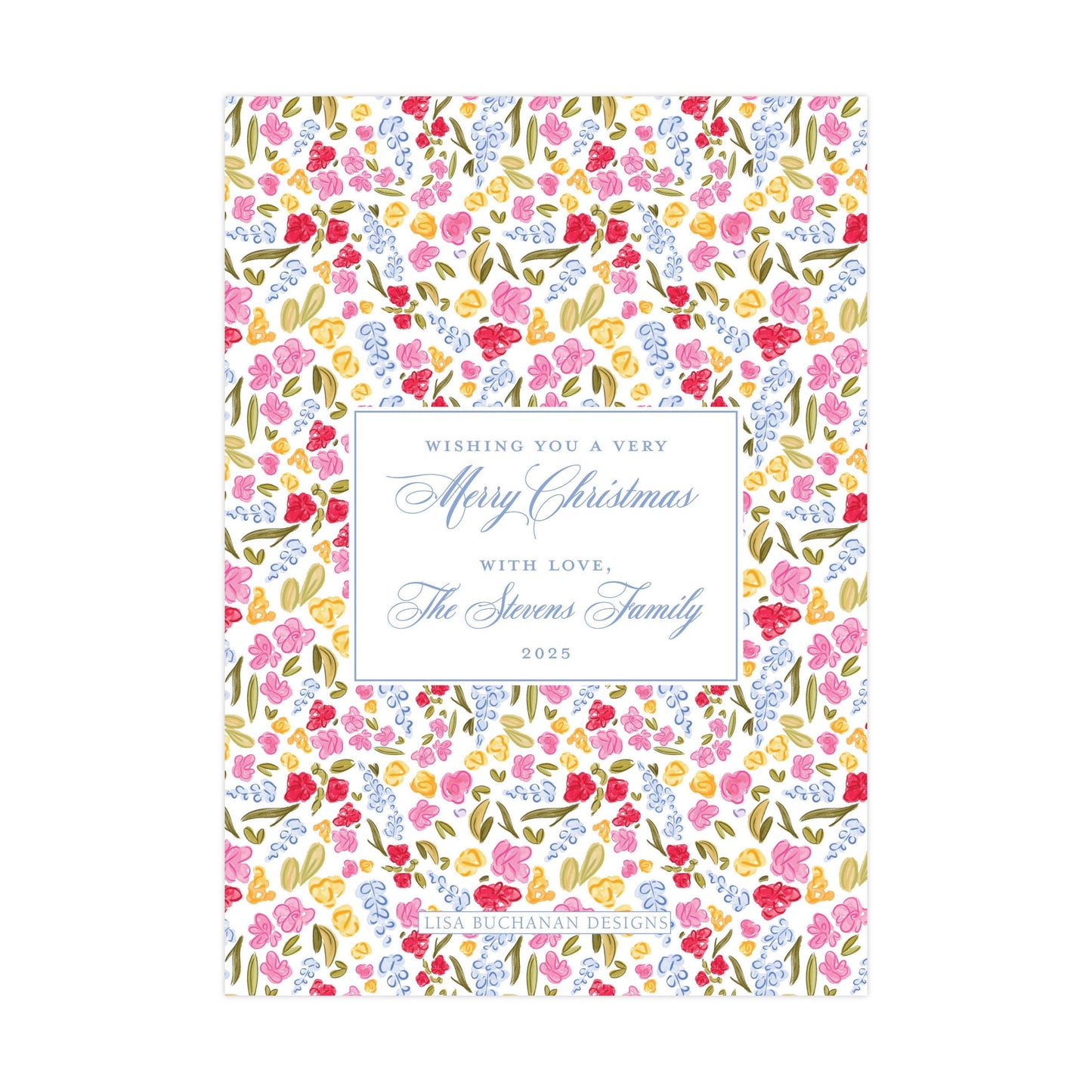 The image is a colorful greeting card with a floral pattern. The card features a message wishing someone a very Merry Christmas with love from The Stevens Family in 2020.