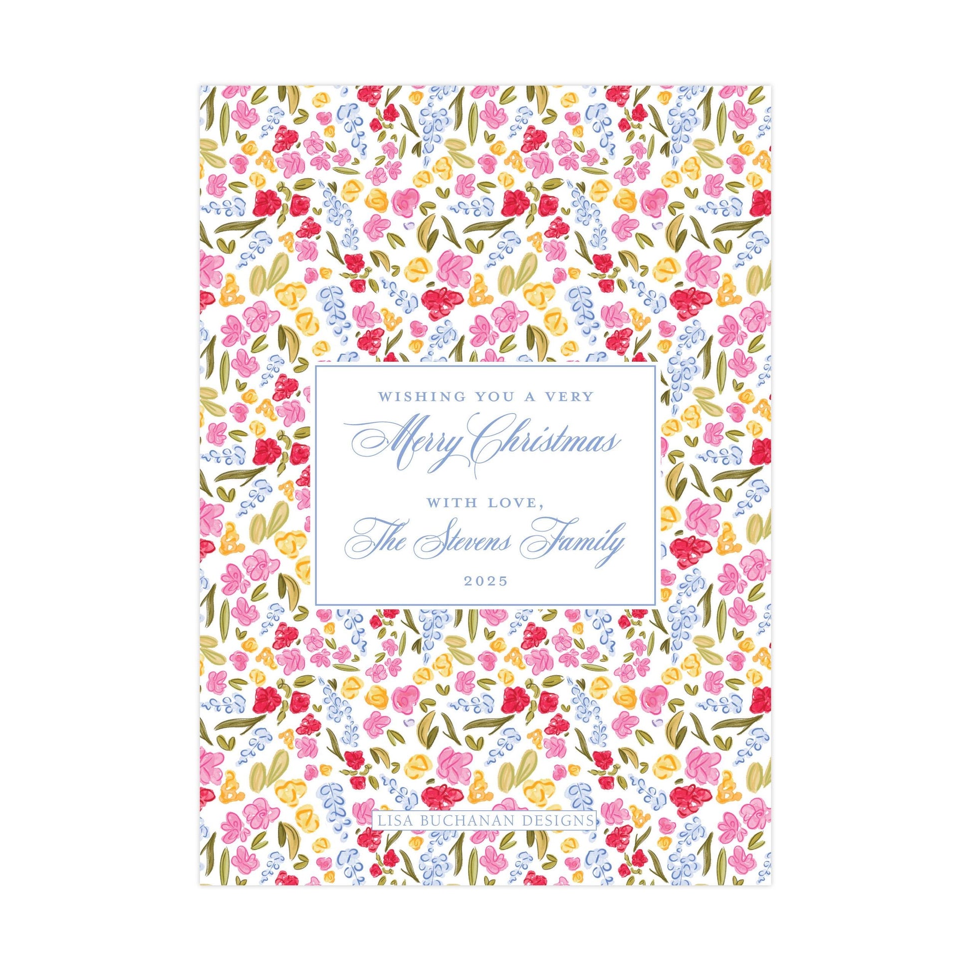 The image is a colorful greeting card with a floral pattern. The card features a message wishing someone a very Merry Christmas with love from The Stevens Family in 2020.