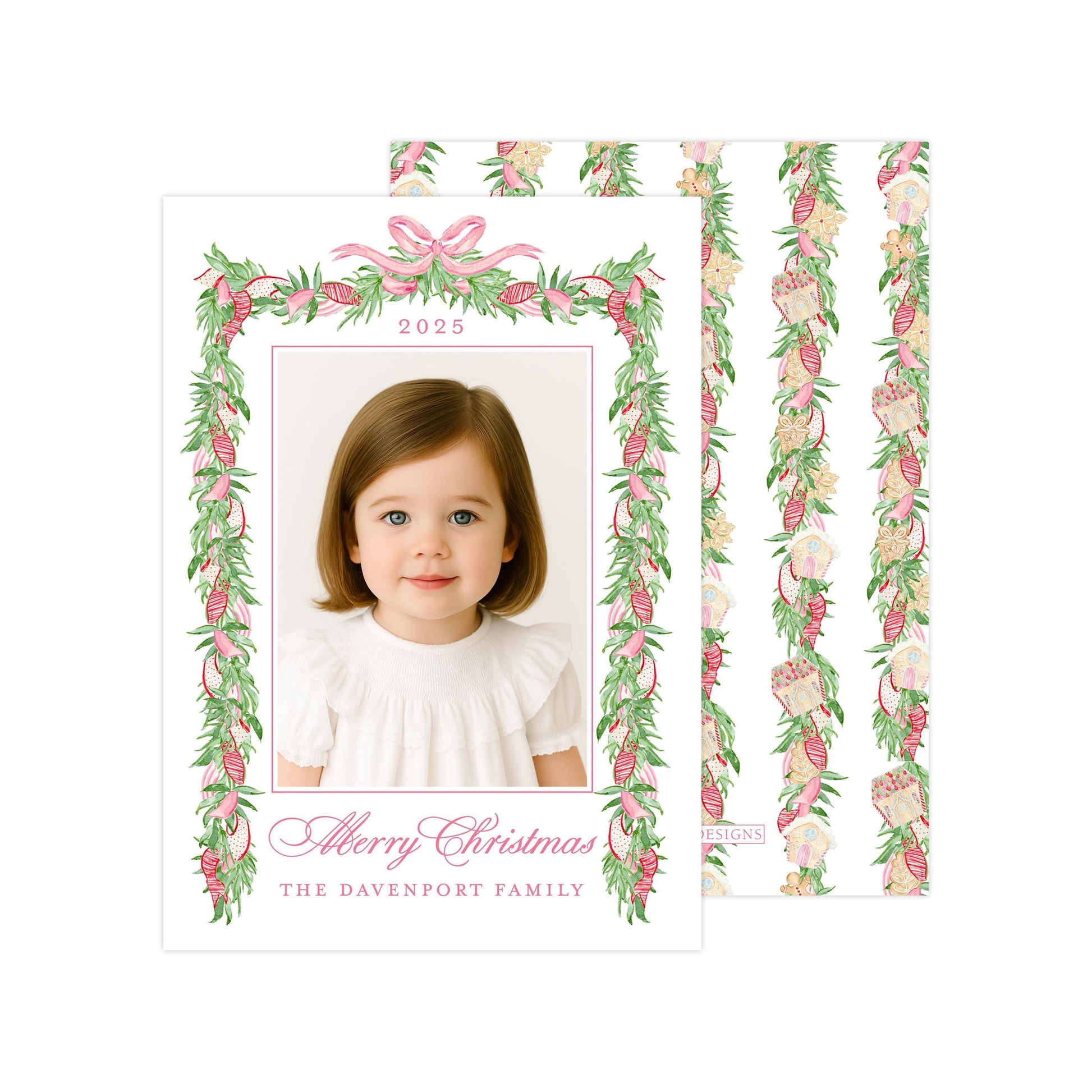 A young girl with brown hair is smiling at the camera, framed by a decorative border with a floral pattern. The text "Merry Christmas" and "The Davenport Family" is displayed below the photo.