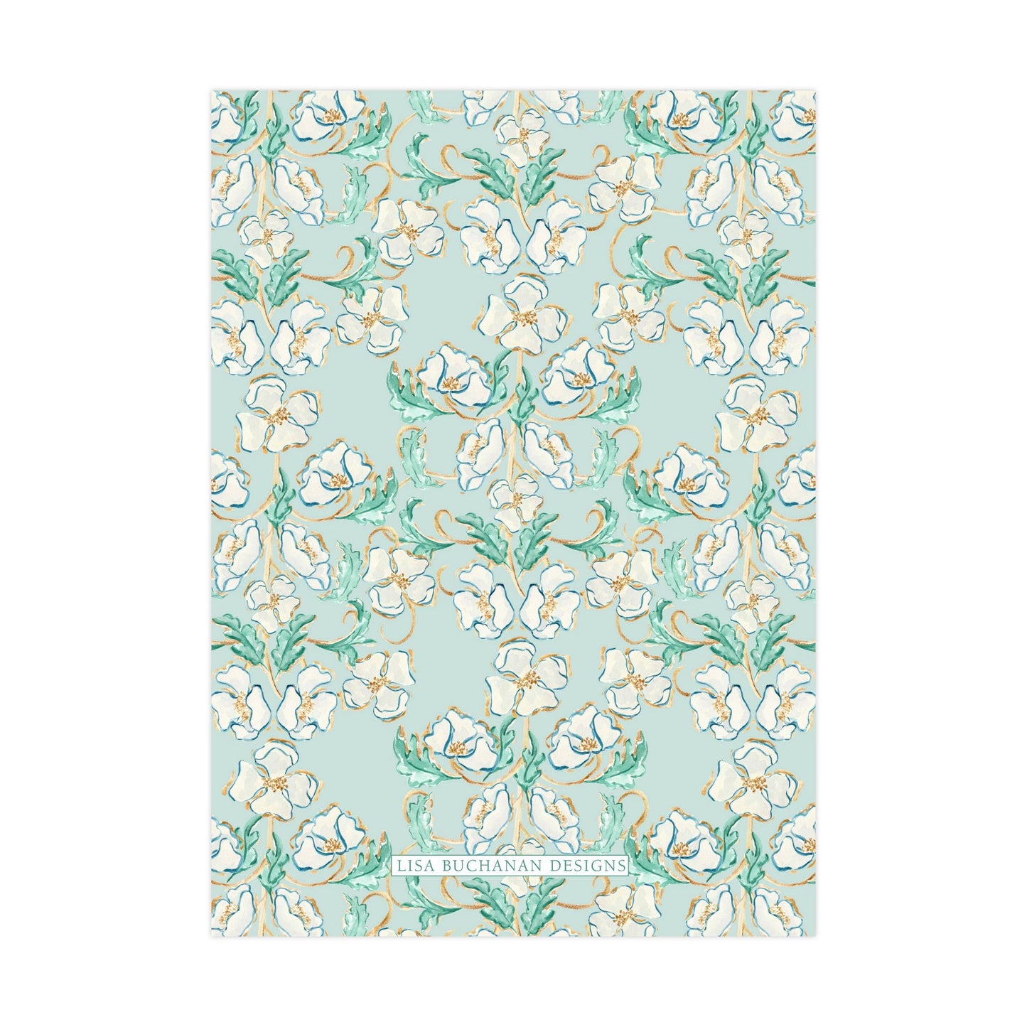 a repeating pattern of white flowers with green leaves against a light blue background.
