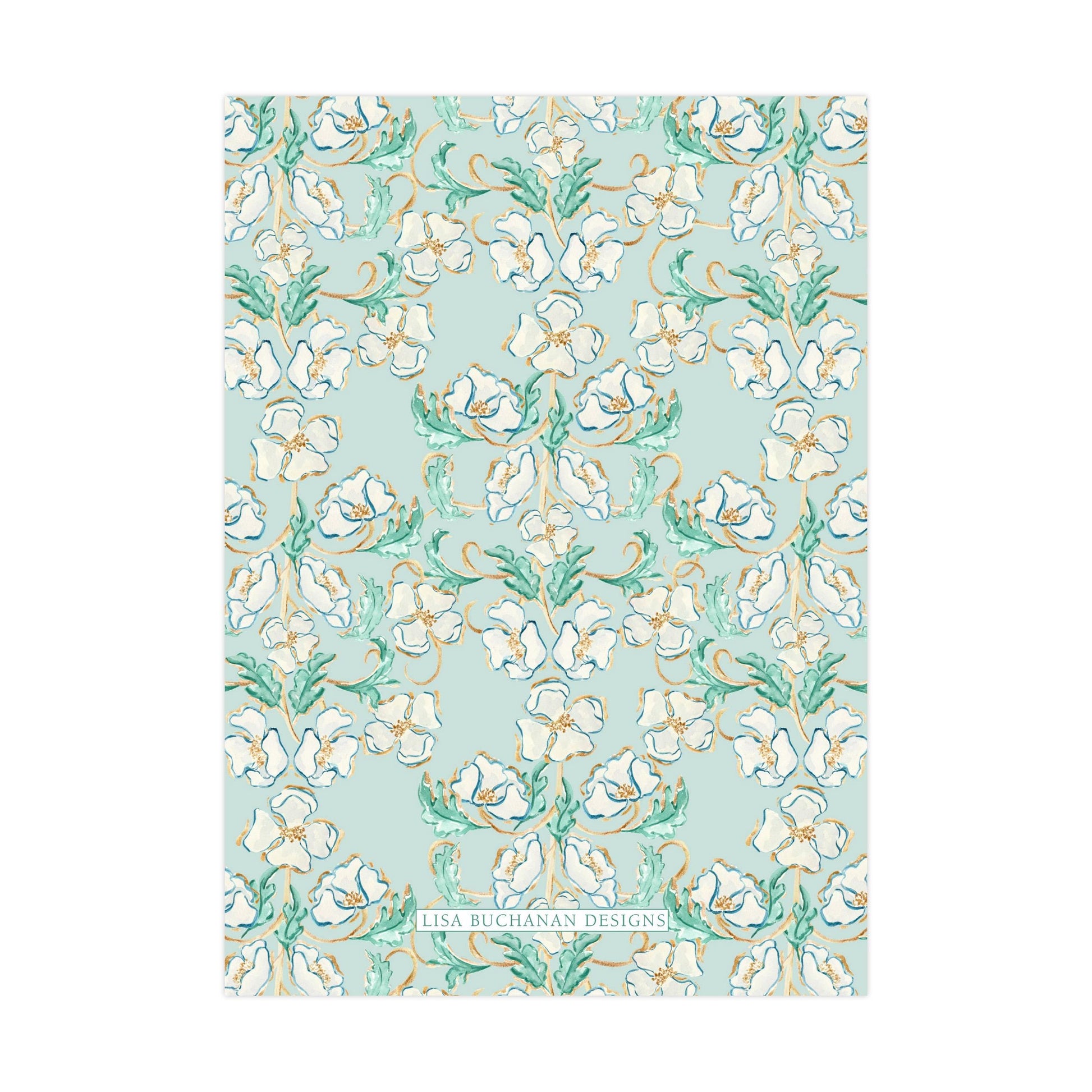 a repeating pattern of white flowers with green leaves against a light blue background.