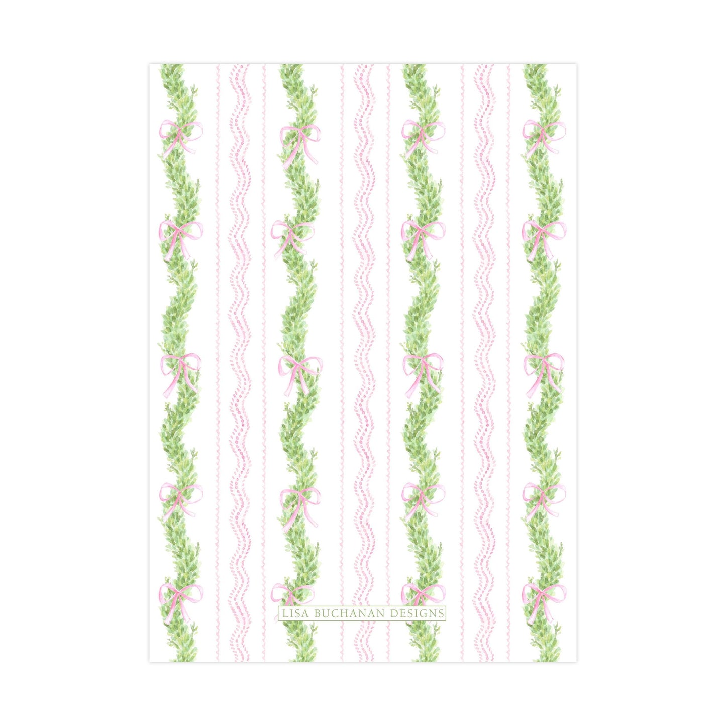a repeating pattern of green leaves and pink bows on a white background.