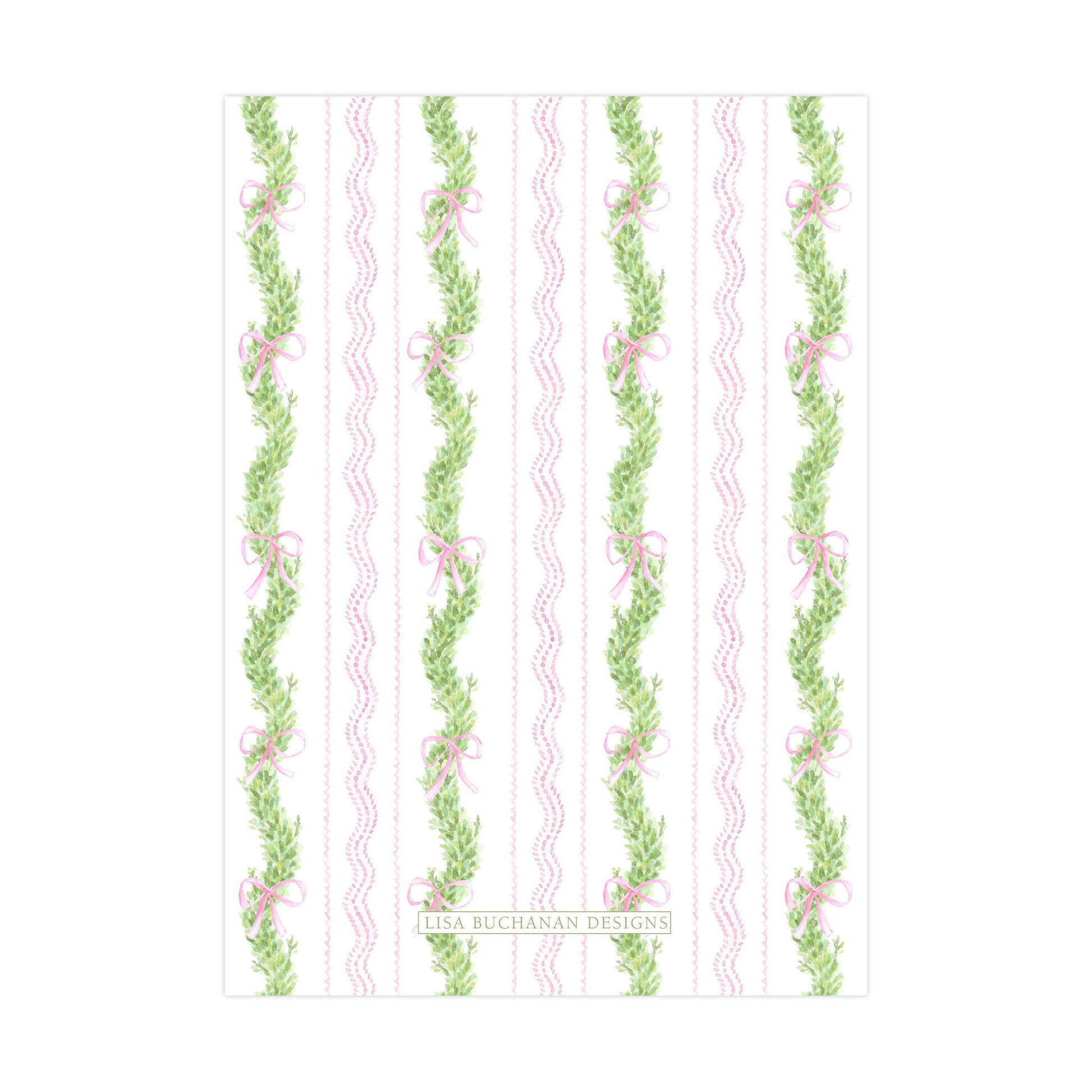 a repeating pattern of green leaves and pink bows on a white background.