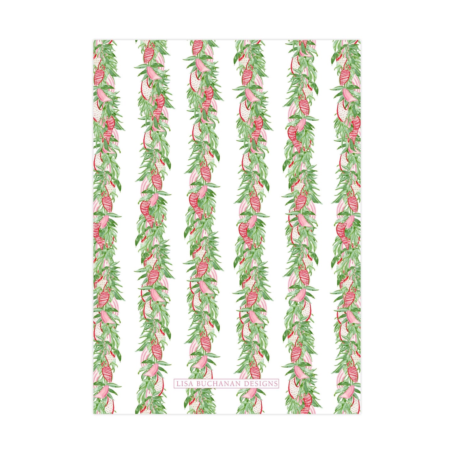 a repeating pattern of green leaves and red flowers arranged in vertical lines, creating a visually appealing and vibrant design.