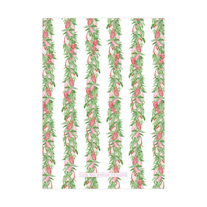 a repeating pattern of green leaves and red flowers arranged in vertical lines, creating a visually appealing and vibrant design.
