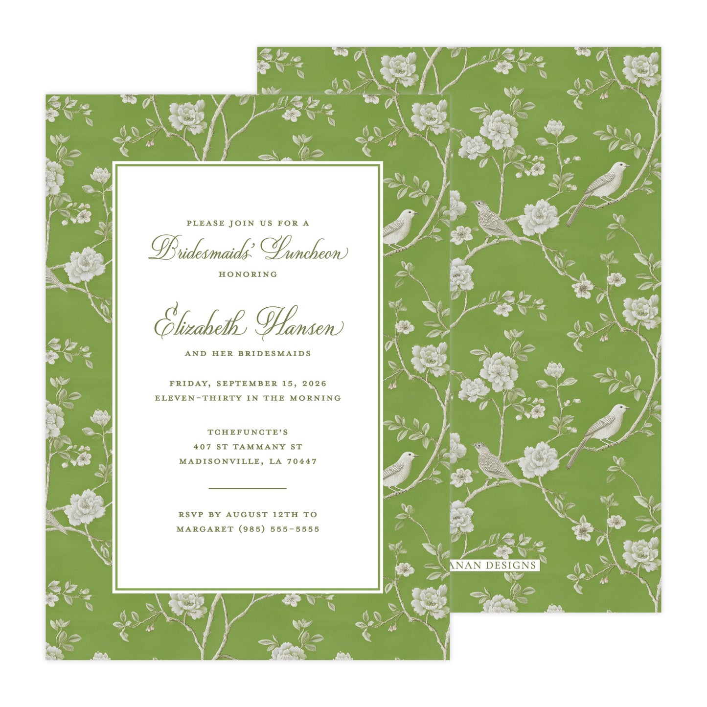 CHINOISERIE BIRDS II (GREEN) | BRIDAL SHOWER INVITATIONS