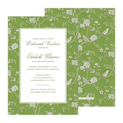 CHINOISERIE BIRDS II (GREEN) | BRIDAL SHOWER INVITATIONS