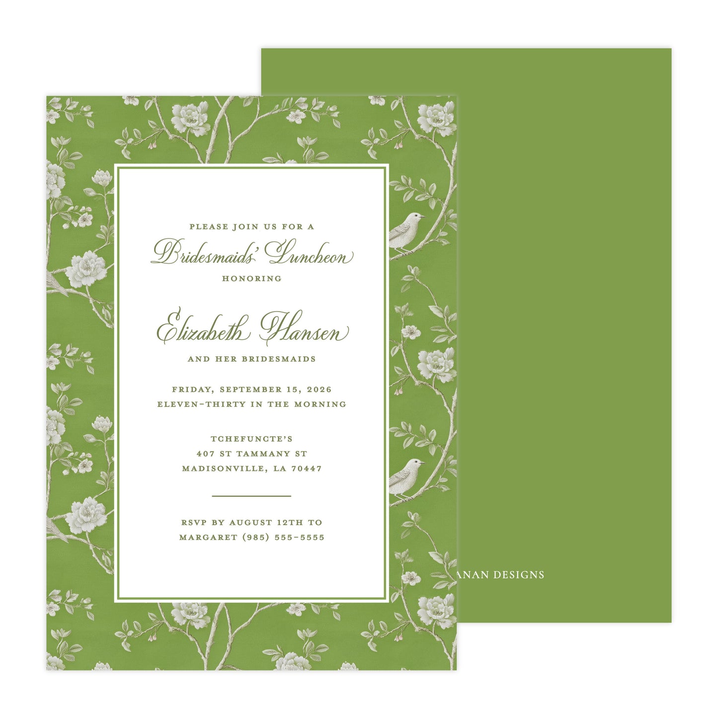 CHINOISERIE BIRDS II (GREEN) | BRIDAL SHOWER INVITATIONS