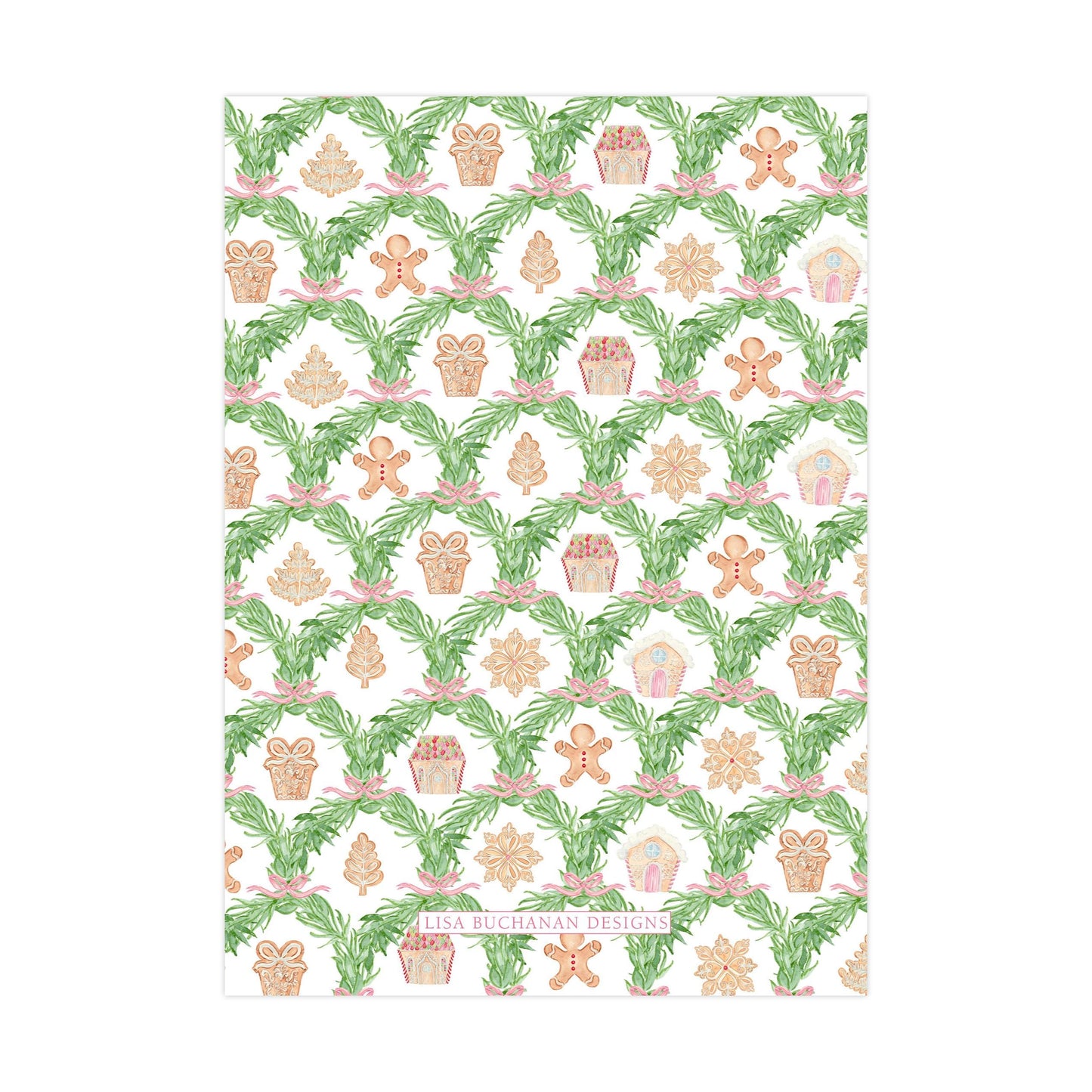 The image is a repeating pattern of Christmas-themed elements, including gingerbread men, pine trees, and presents, all set against a green background.